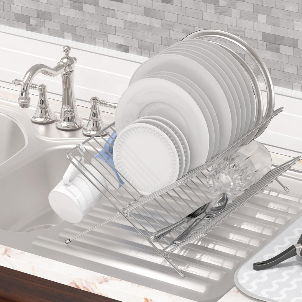 Simple Houseware Folding Dish Drying Rack, 2-Tier Collapsible X-Shape Tableware Drainer for Kitchen Countertop and Compact Storage, Chrome