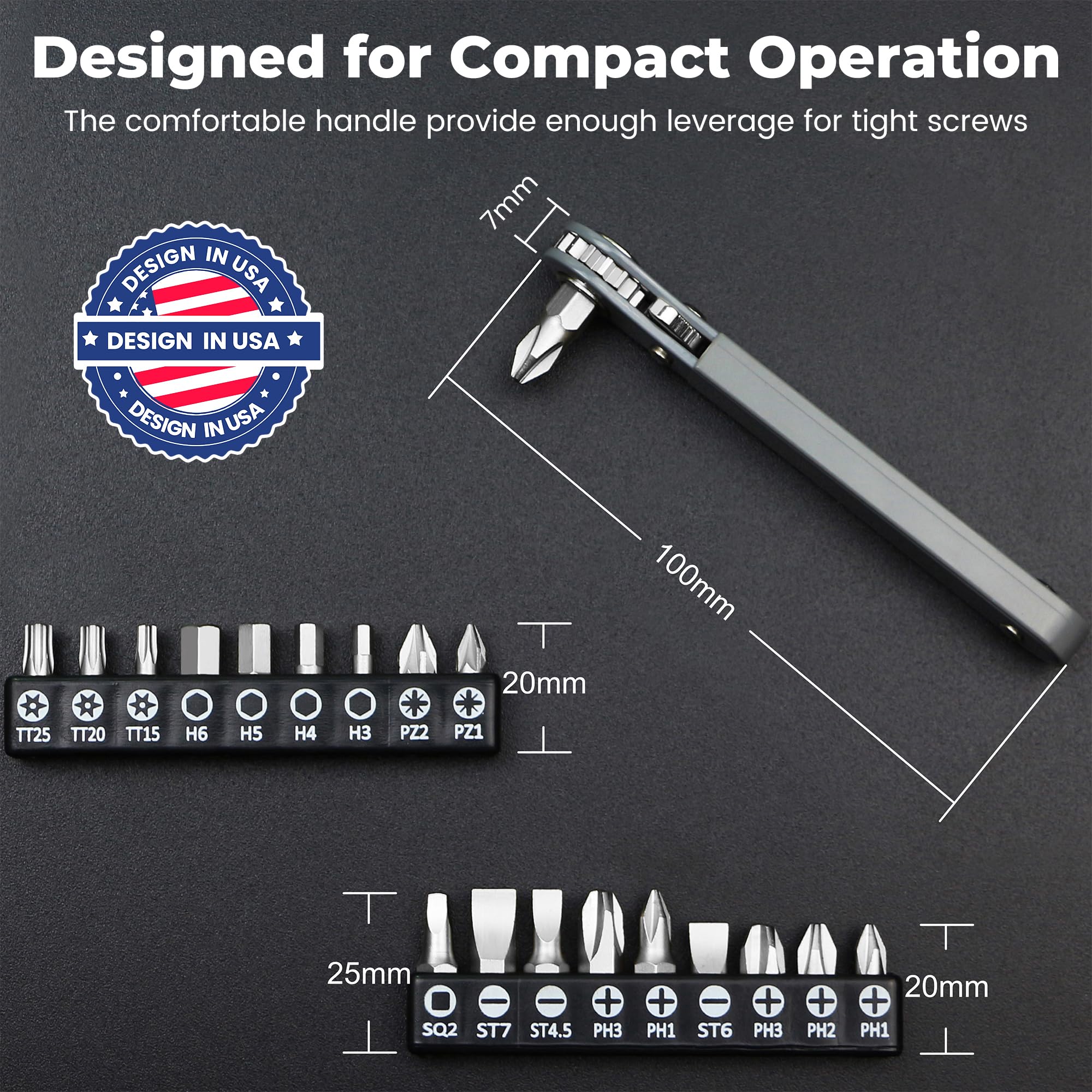 MULWARK 20pc 1/4 Ultra Low Profile Mini Ratchet Wrench Close Quarters Screwdriver Set with High Torque - Right Angle EDC Tool with 90 Degree Mini Offset Reversible Drive Handle & Multi Hex Bits Set