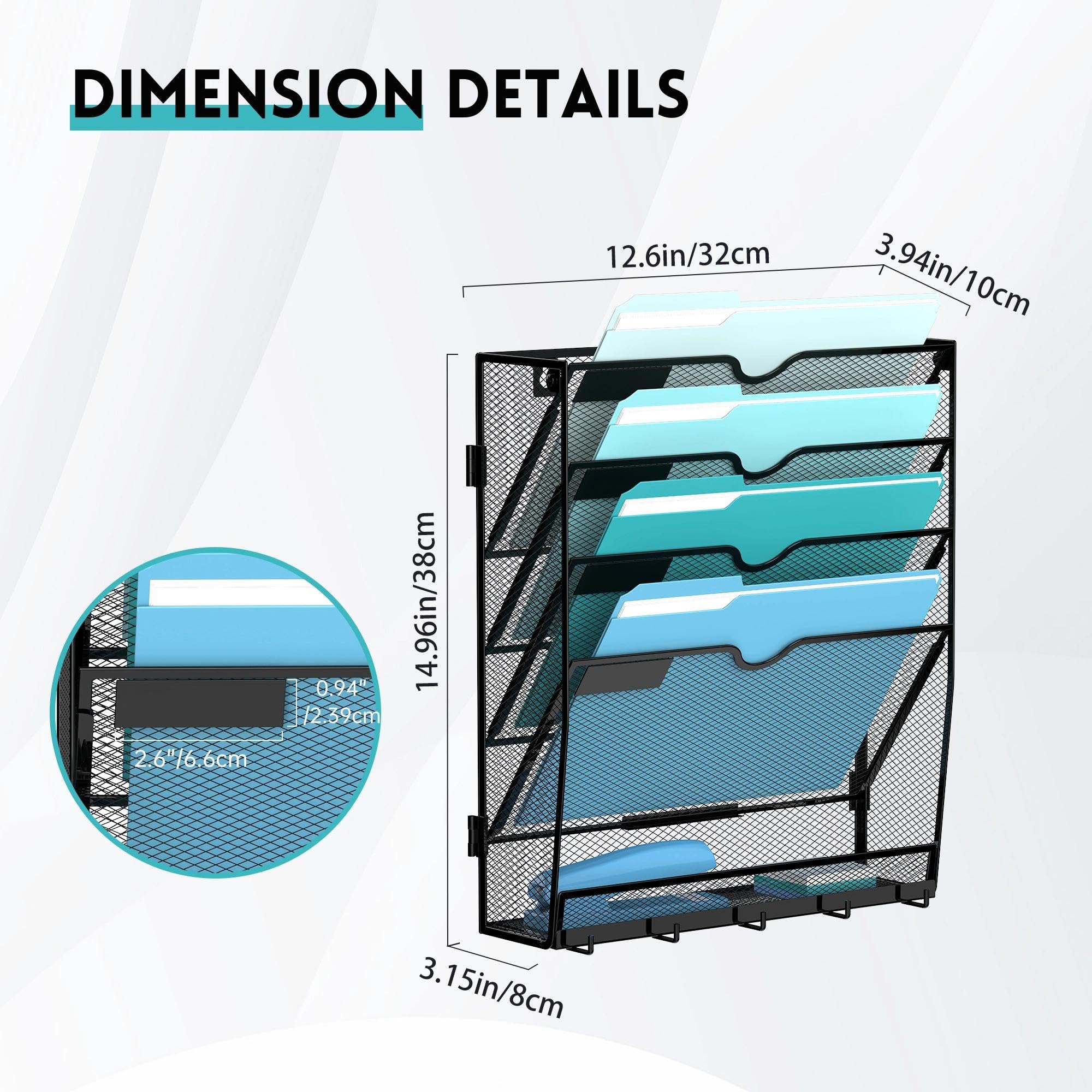 5-Tier Hanging Wall File Organizer with 5 Hooks, File Holder with Labels, Vertical Wall Mount Mail Organizer for Papers, Folders, Magazines, Office Organization, Assembly Needed, Black