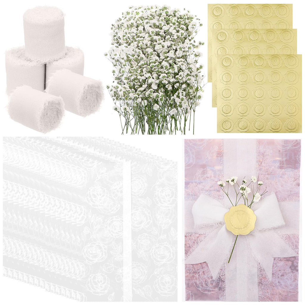 50 Sets Wedding Invitations Wraps Include 5 x 7 Pre Folded Vellum Jackets White Rose-Printed Transparent Paper Envelope Dried Baby's Breath Flowers Gold Foil Heart Stickers Chiffon Ribbons for Wedding
