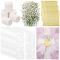 50 Sets Wedding Invitations Wraps Include 5 x 7 Pre Folded Vellum Jackets White Rose-Printed Transparent Paper Envelope Dried Baby's Breath Flowers Gold Foil Heart Stickers Chiffon Ribbons for Wedding