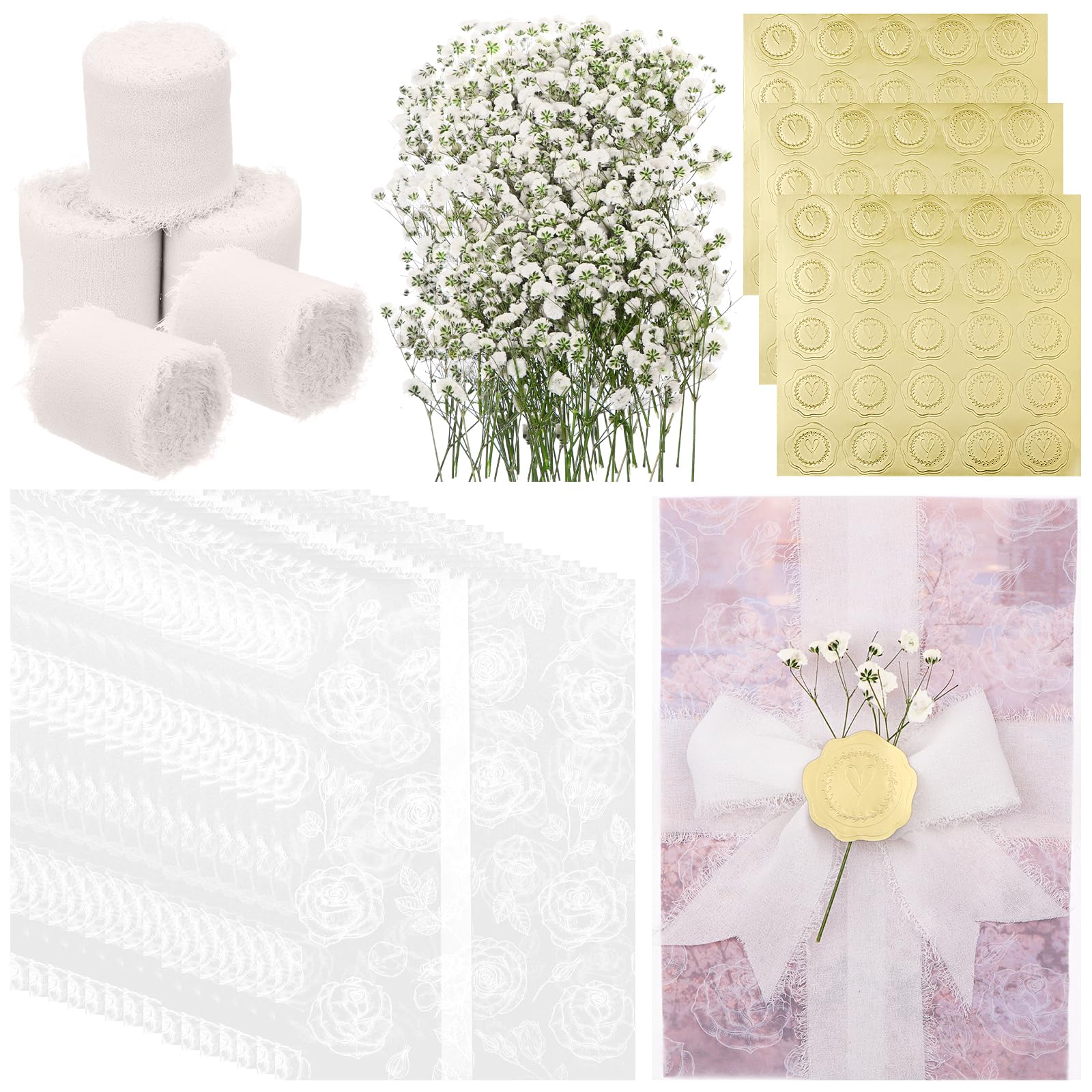 50 Sets Wedding Invitations Wraps Include 5 x 7 Pre Folded Vellum Jackets White Rose-Printed Transparent Paper Envelope Dried Baby's Breath Flowers Gold Foil Heart Stickers Chiffon Ribbons for Wedding