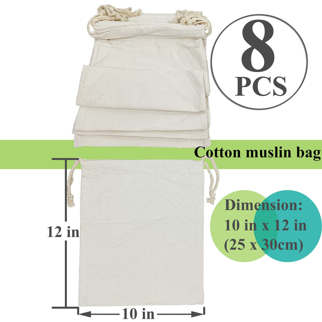 Freletry 8 PCS 10"x12"/25x30cm Drawstring 100% Cotton Muslin Bags Reusable Storage Bag for Shopping Home Kitchen Food Grocery Vegetable Storage etc. (8 PCS 10"x12"/25x30cm)