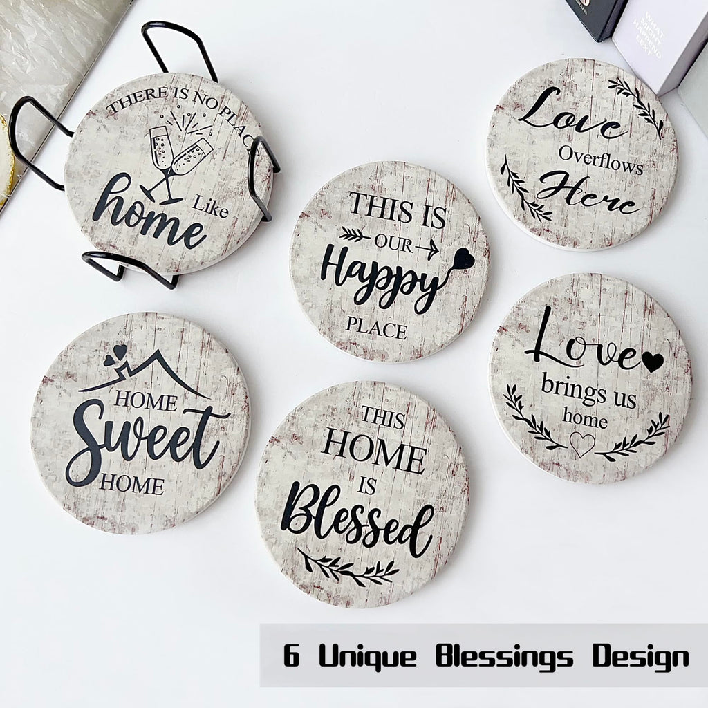 Valdivia 6 Pcs Ceramic Drink Coasters with Blessing Verses, White Marble Style Absorbent Stone Cork Base - 4 Inches Coasters & Metal Holder for Coffee Table, Home Decor Housewarming Gifts