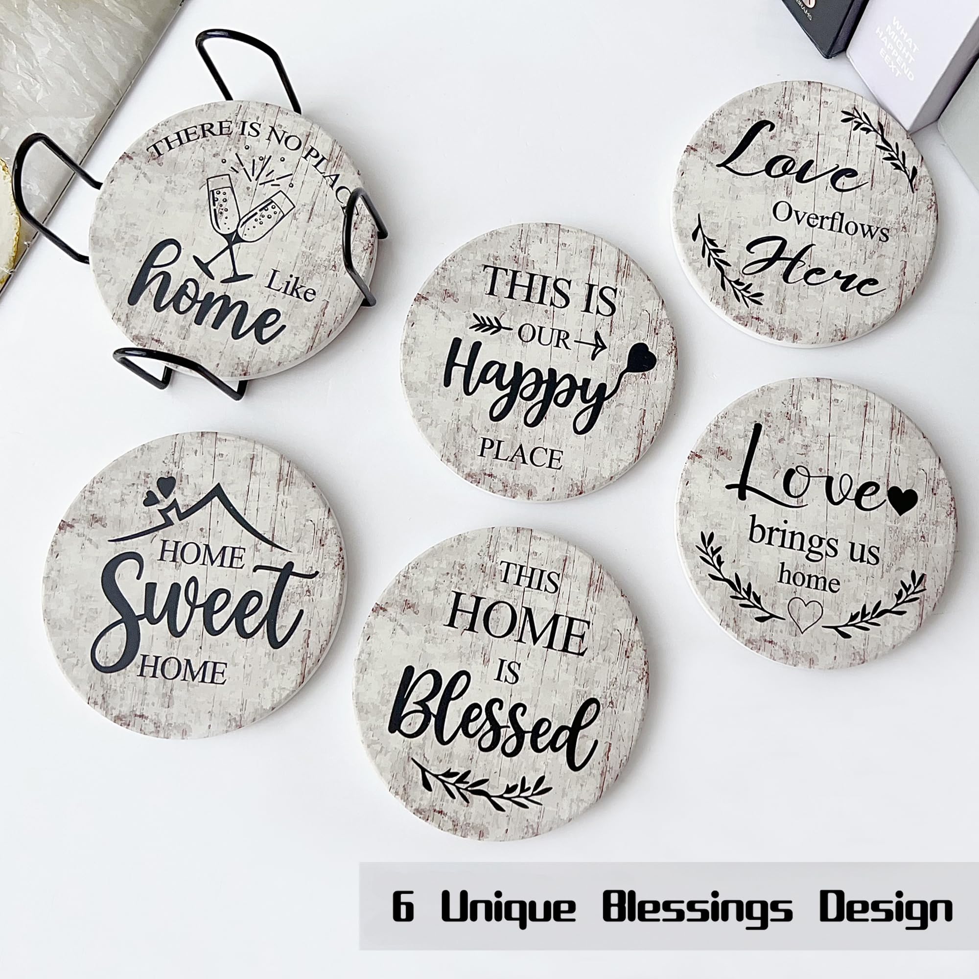 Valdivia 6 Pcs Ceramic Drink Coasters with Blessing Verses, White Marble Style Absorbent Stone Cork Base - 4 Inches Coasters & Metal Holder for Coffee Table, Home Decor Housewarming Gifts