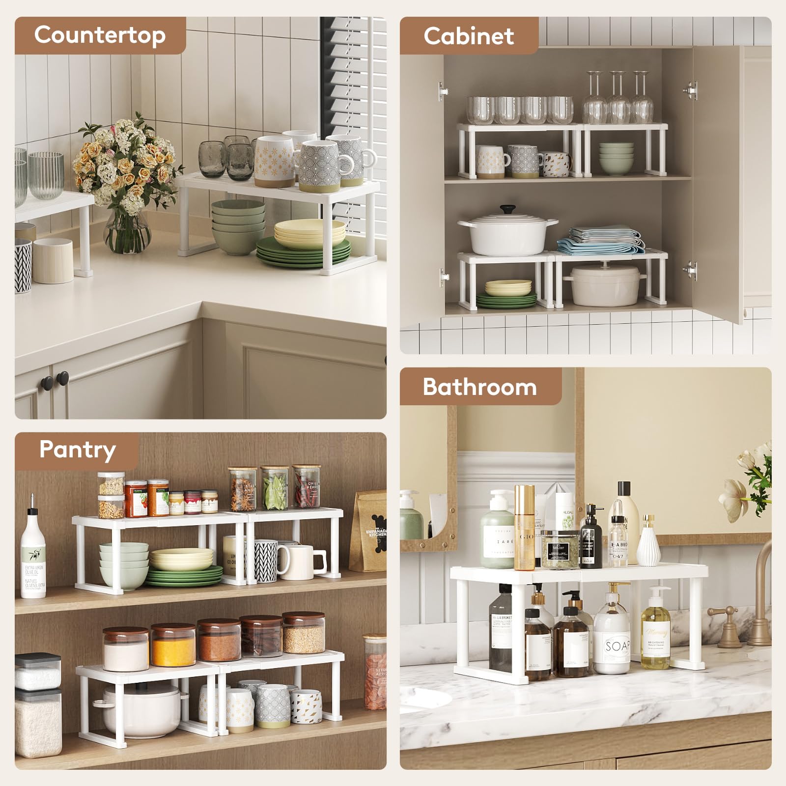 Lifewit Cabinet Shelf Organizer, Expandable From 11.8 to 15.7 inches, Countertop Kitchen Shelves, Plastic Shelf Riser for Pantry Kitchen Storage and Spice Rack, Set of 2, White