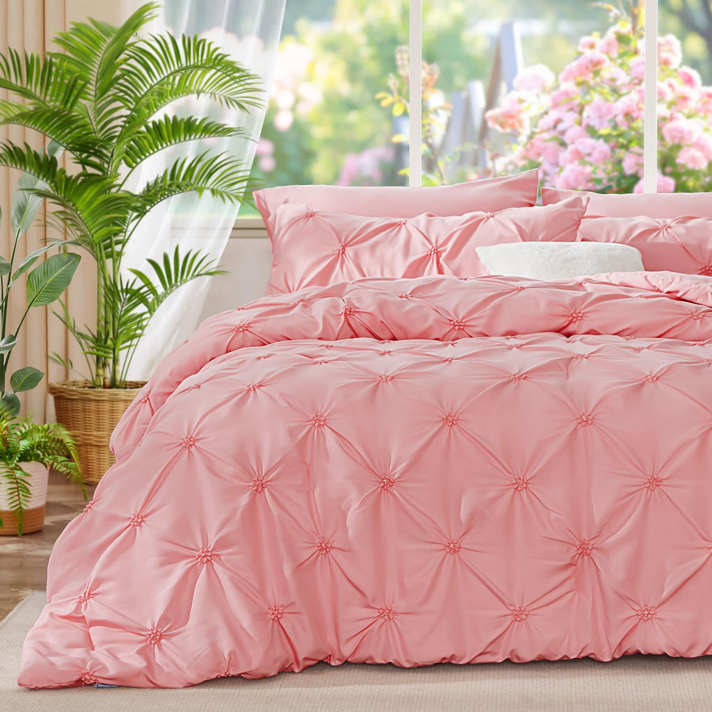 BEDELITE Queen Comforter Set Pink - 3 Pieces Boho Pintuck Bedding Sets, Queen Size Bed Set with 2 Pillow Shams for All Seasons, Room Decor Valentine's Gift,Lightweight Soft and Warm