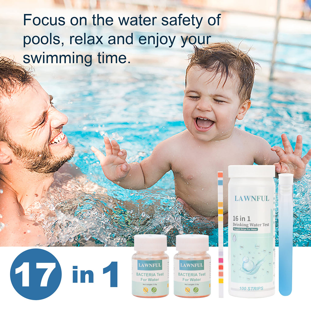 Drinking Water Test Kit, LAWNFUL 17 in 1 Tap & Well Water Test Kit,100 Water Strips+ 2 Bacteria Tests, High Precision Home Water Test Kit Detect Bacteria, pH, Copper, Lead, Iron, Hardness and More