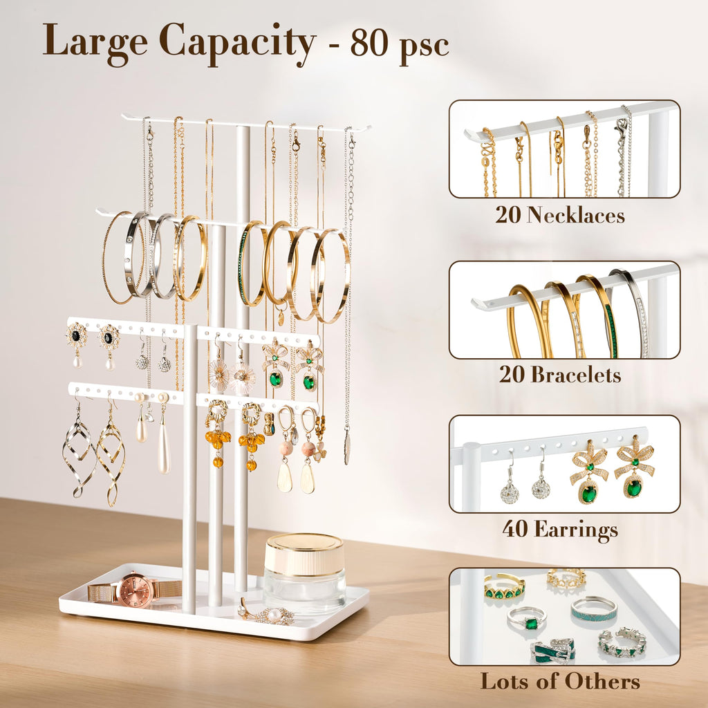 Jewelry Stand Organizer, 37CM Tall Sturdy Metal, 3-Tier Jewelry Holder for Necklace, Earring, Bracelet, Ring, White