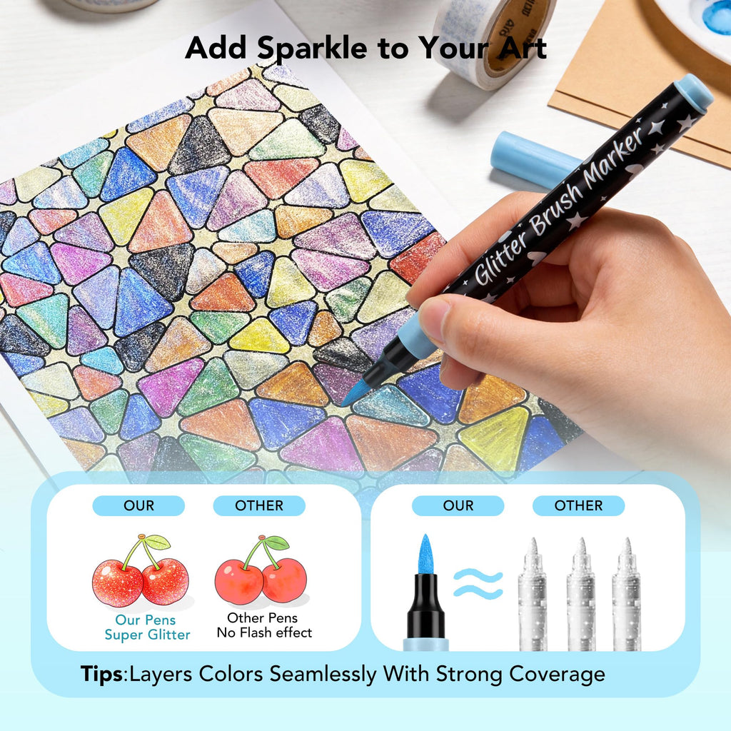 Bonace 48 Pcs Glitter Markers, Brush Tip Marker, Metallic Sparkle Water Based Markers for Cards, DIY Crafts, Doodle, Writing, Art Supplies Scrapbooking