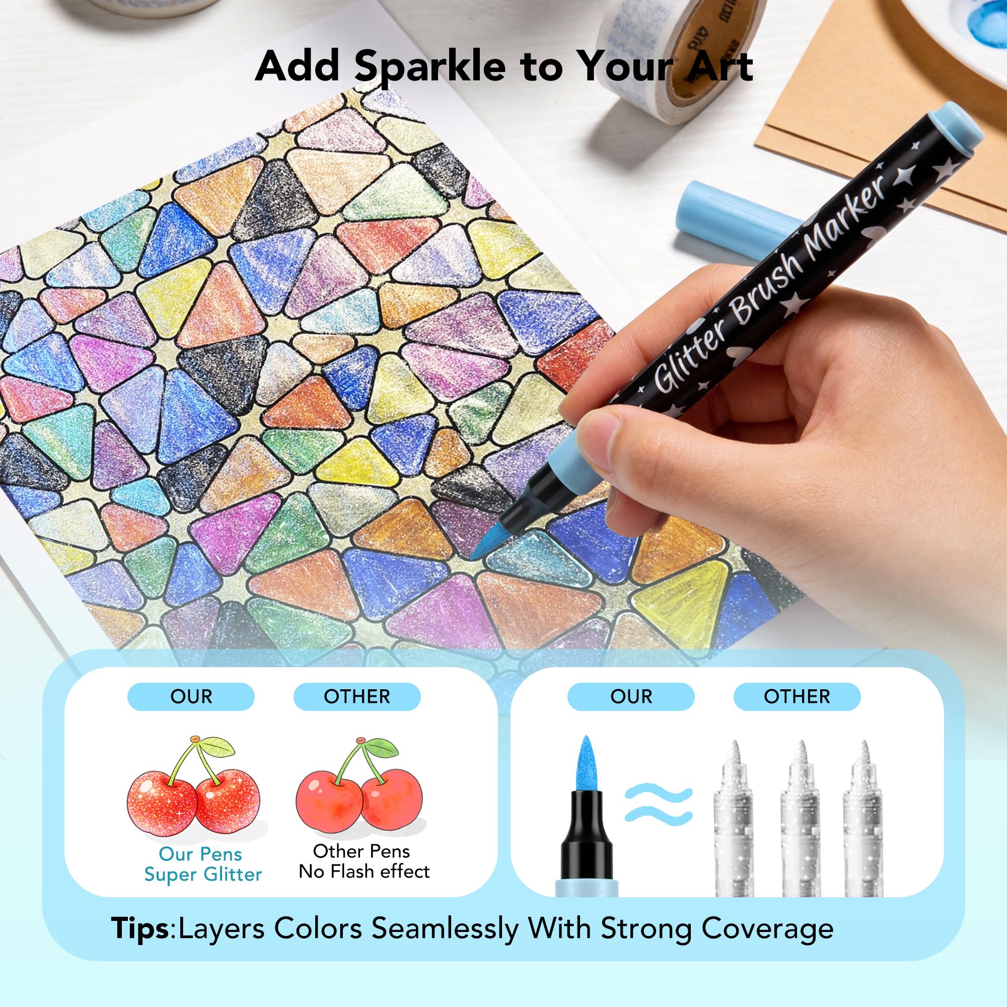 Bonace 48 Pcs Glitter Markers, Brush Tip Marker, Metallic Sparkle Water Based Markers for Cards, DIY Crafts, Doodle, Writing, Art Supplies Scrapbooking