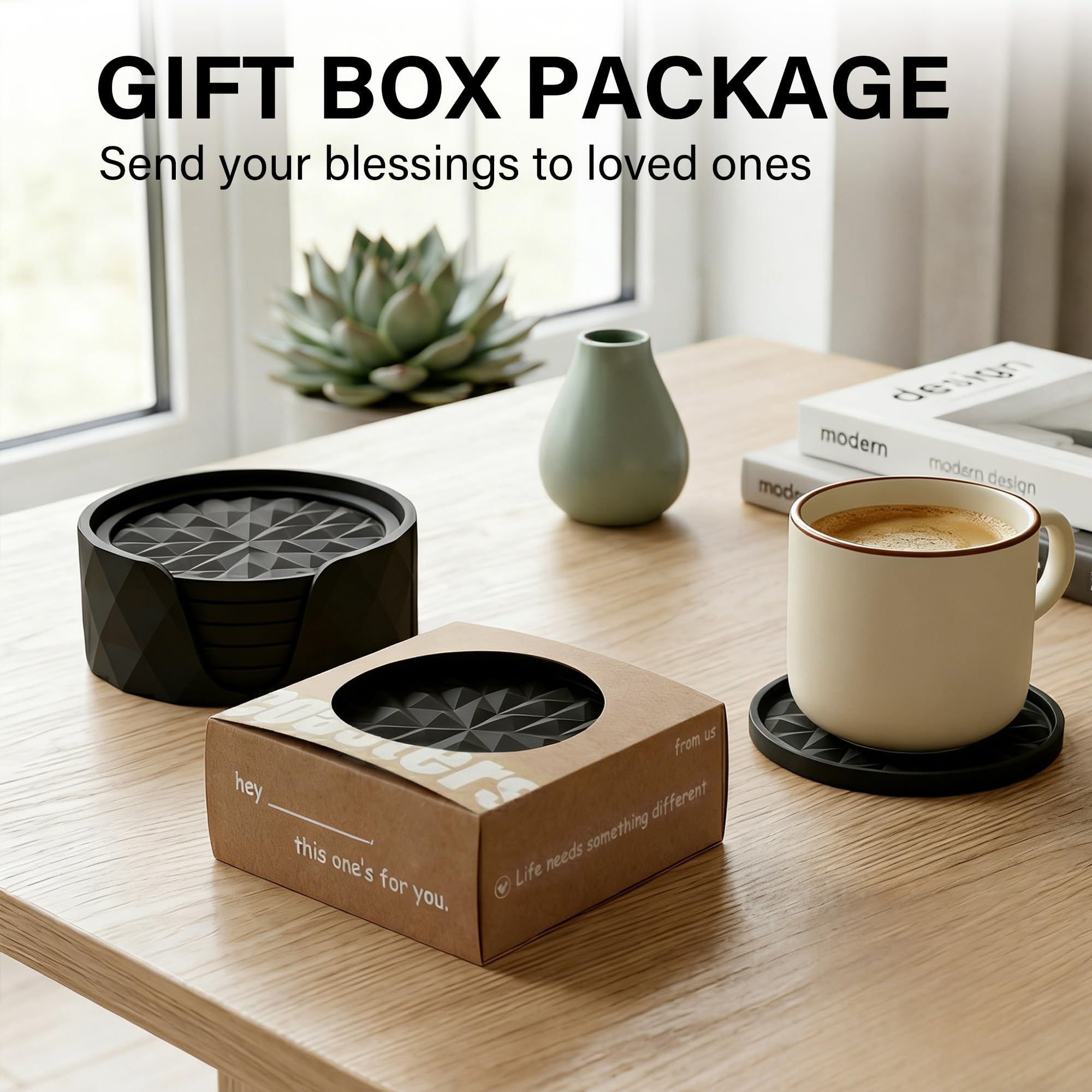 Wingcases Silicone Coasters for Drinks[6 Pack]- Cup Mat with Holder for Tabletop Protection-Non-Slip, Non-Stick, Coffee Table Decor, Great Gift for Any Occasion, Black