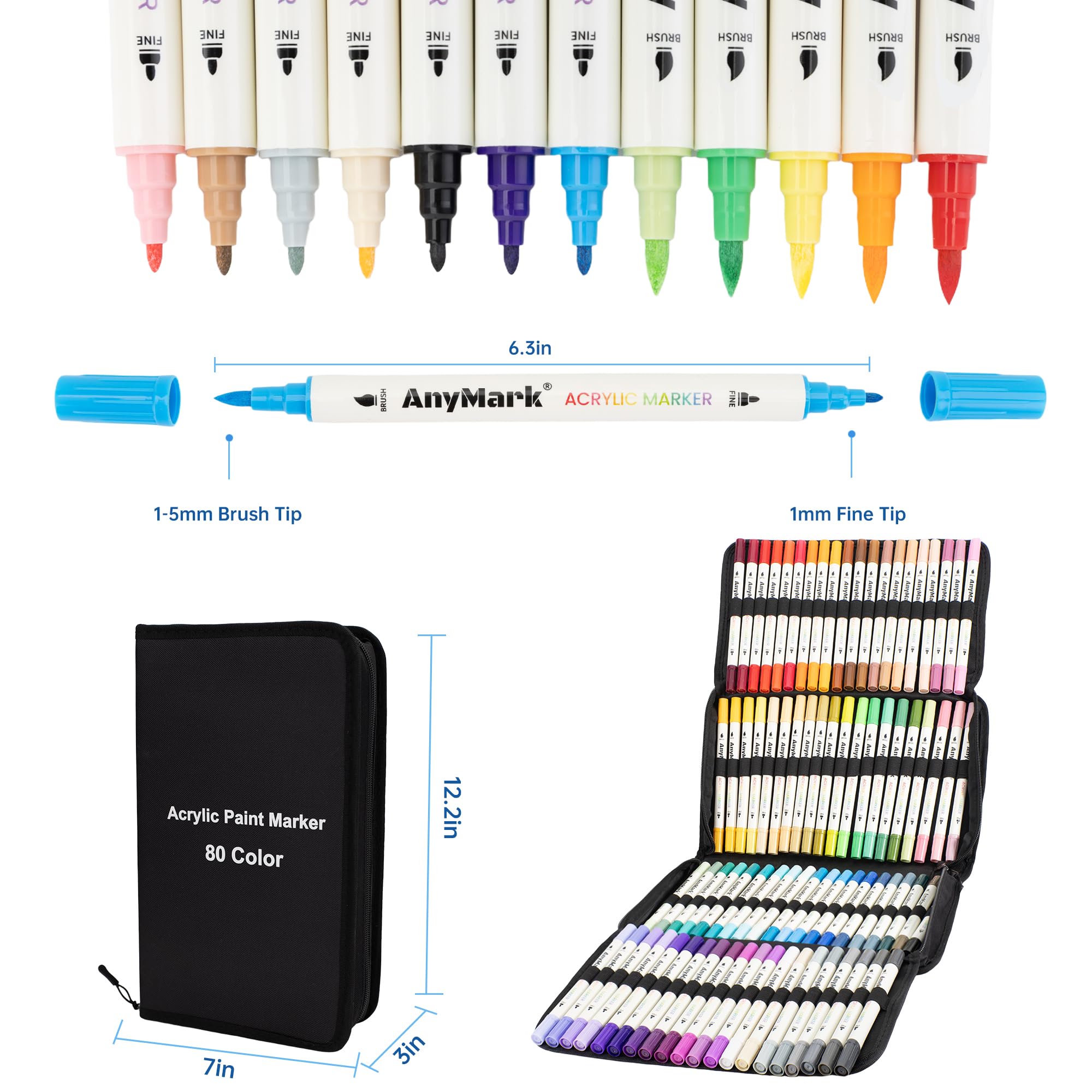 AnyMark 80 Colors Acrylic Paint Markers Nail Art Pens Set, Dual Tip Quick-Drying Nail Polish Pens, Acrylic Paint Pens Art Markers for DIY Nail Art Design Drawing Painting Coloring