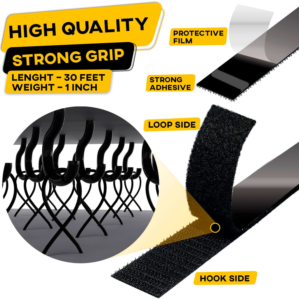 Hook and Loop Tape Roll with Heavy Duty Adhesive Industrial Strength Easy to Cut, Strong Hook and Loop Strips with Sticky Back, Black (Black, 1 Inch x 30 Feet)