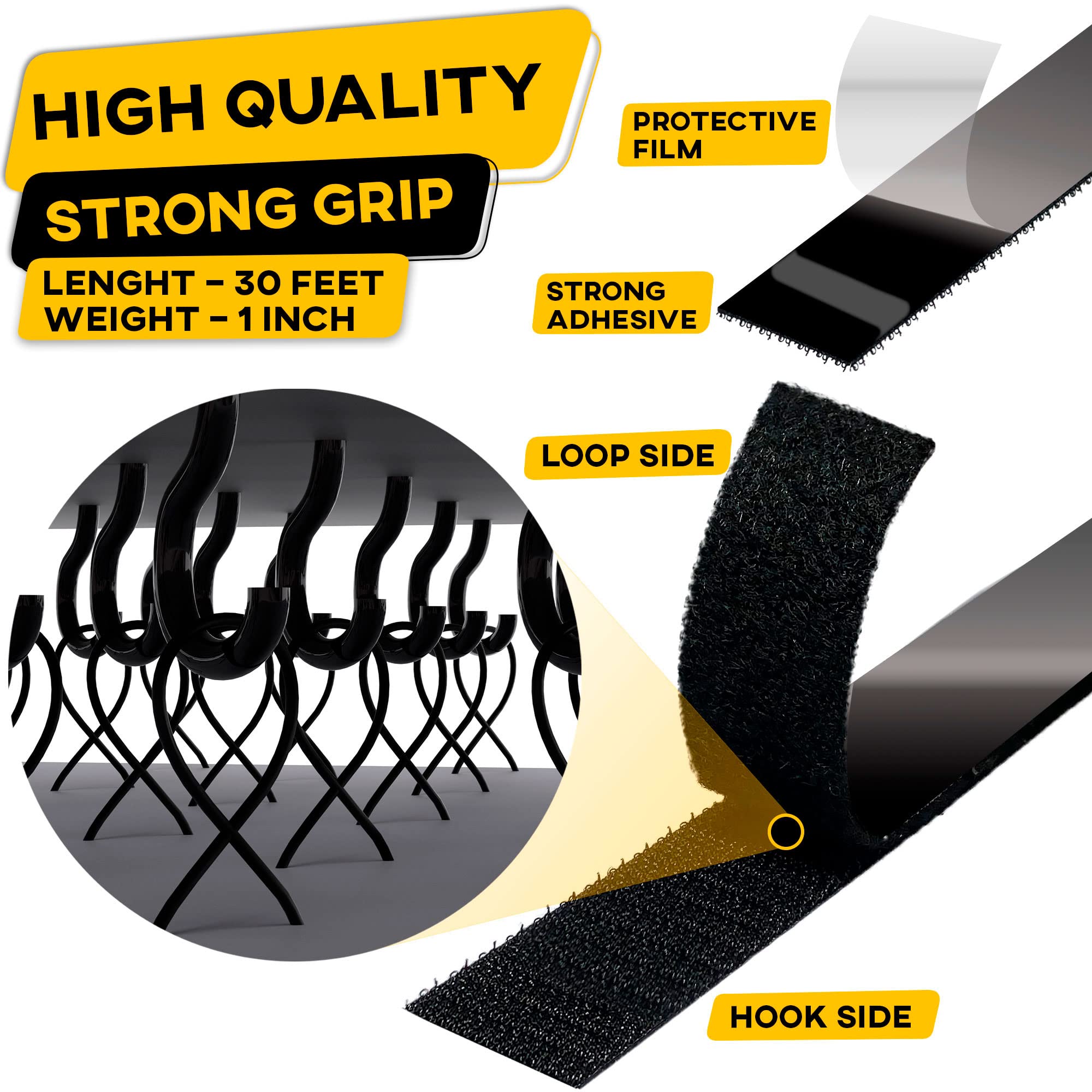 Hook and Loop Tape Roll with Heavy Duty Adhesive Industrial Strength Easy to Cut, Strong Hook and Loop Strips with Sticky Back, Black (Black, 1 Inch x 30 Feet)