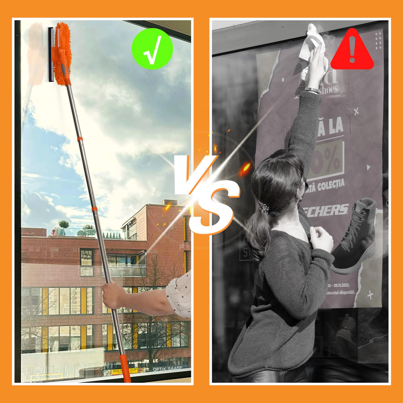 Terafeels 110.23in / 280cm Window Cleaning Tools, 2 Window Squeegees and 3 Cleaning Cloths : 2 in 1 Double-Sided Professional Cleaner with Extension Pole Cleaning Supplies (Orange)