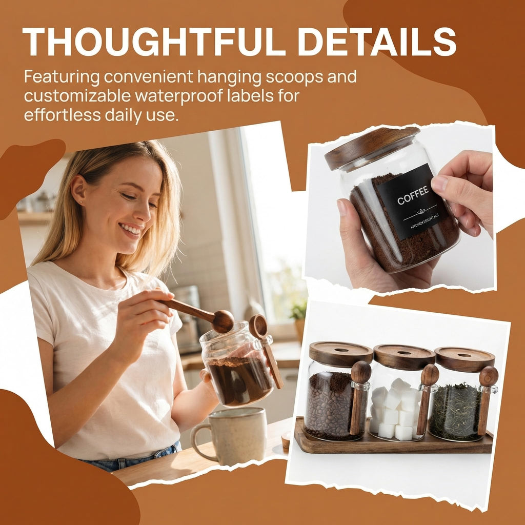 Glass Tea Coffee Sugar Canisters Set, 21oz/600ml Airtight Glass Storage Jars with Lids, Scoops, Labels & Tray, Kitchen Countertop Storage Containers