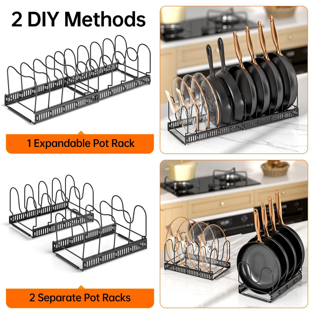 MUDEELA Pots and Pans Organizer Rack for Under Cabinet, Expandable 11.71''-22.85'' Pot Lid Kitchen Cabinet Organizer Holder with 10 Adjustable Compartment Cutting Board Organizer for Pan Lid, Bakeware