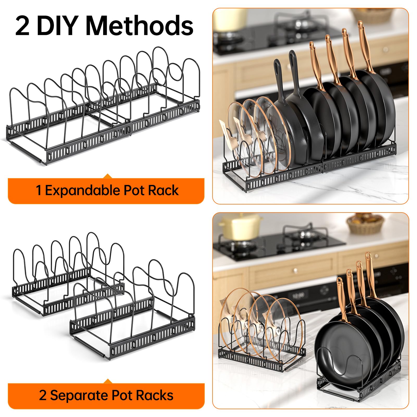 MUDEELA Pots and Pans Organizer Rack for Under Cabinet, Expandable 11.71''-22.85'' Pot Lid Kitchen Cabinet Organizer Holder with 10 Adjustable Compartment Cutting Board Organizer for Pan Lid, Bakeware