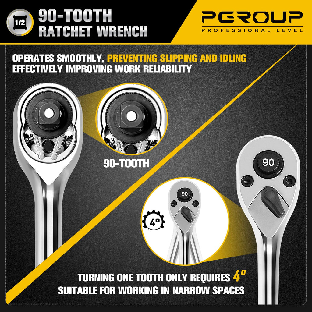 1/2-Inch Drive Ratchet Wrench, 90-Tooth Quick-Release Reversible Ratchet Wrench with an Extension Bar(3 inch), 10" Long Socket Wrench, 4-Degree Swing, Full Polished, Cr-Mo Head for Gifting, Repairing
