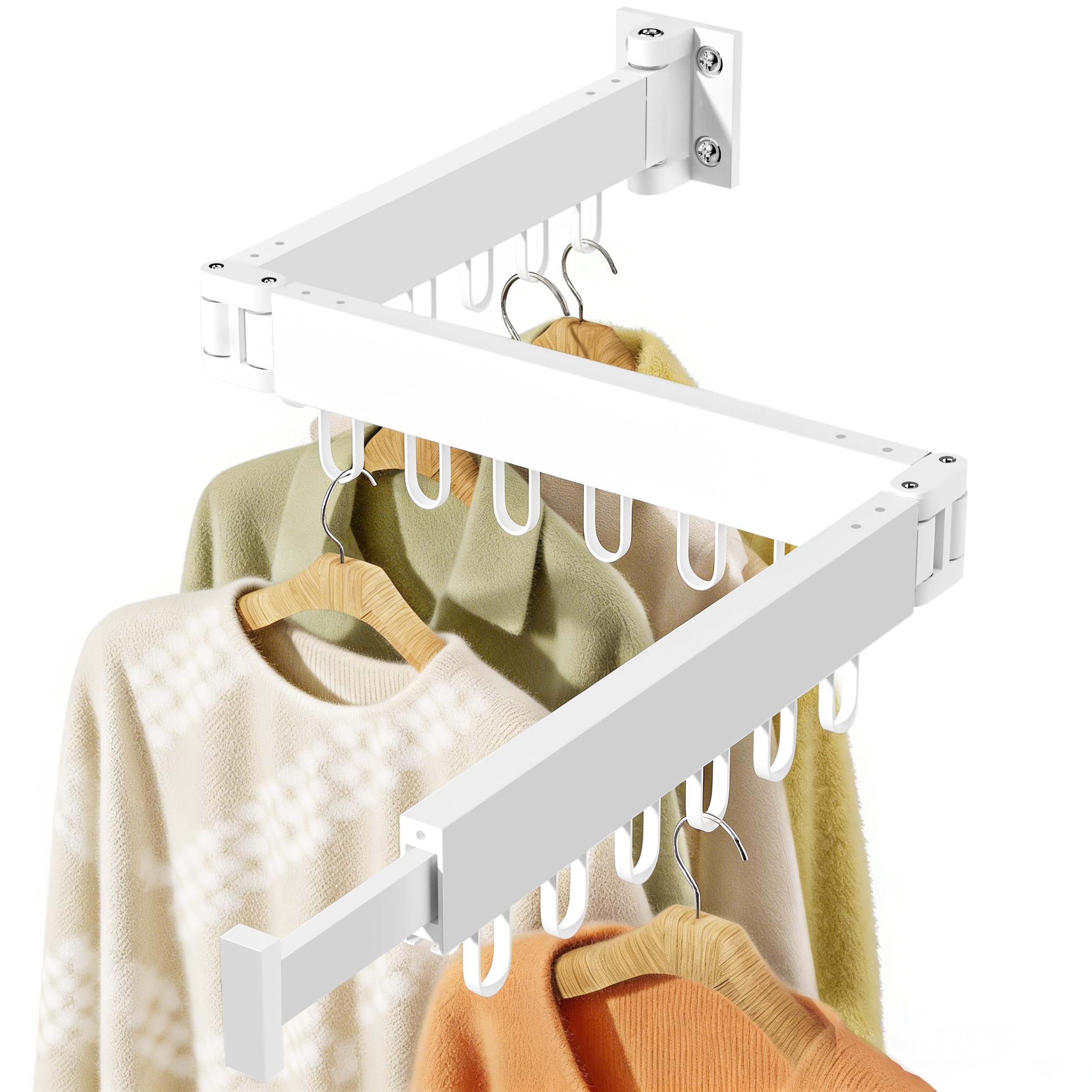 JAUREE Clothes Drying Rack Wall Mounted, Laundry Drying Rack Collapsible, Space Saving Wall Drying Rack Clothing Foldable, Tri-Fold Retractable Rack Outdoor Indoor with 18 Hooks, White