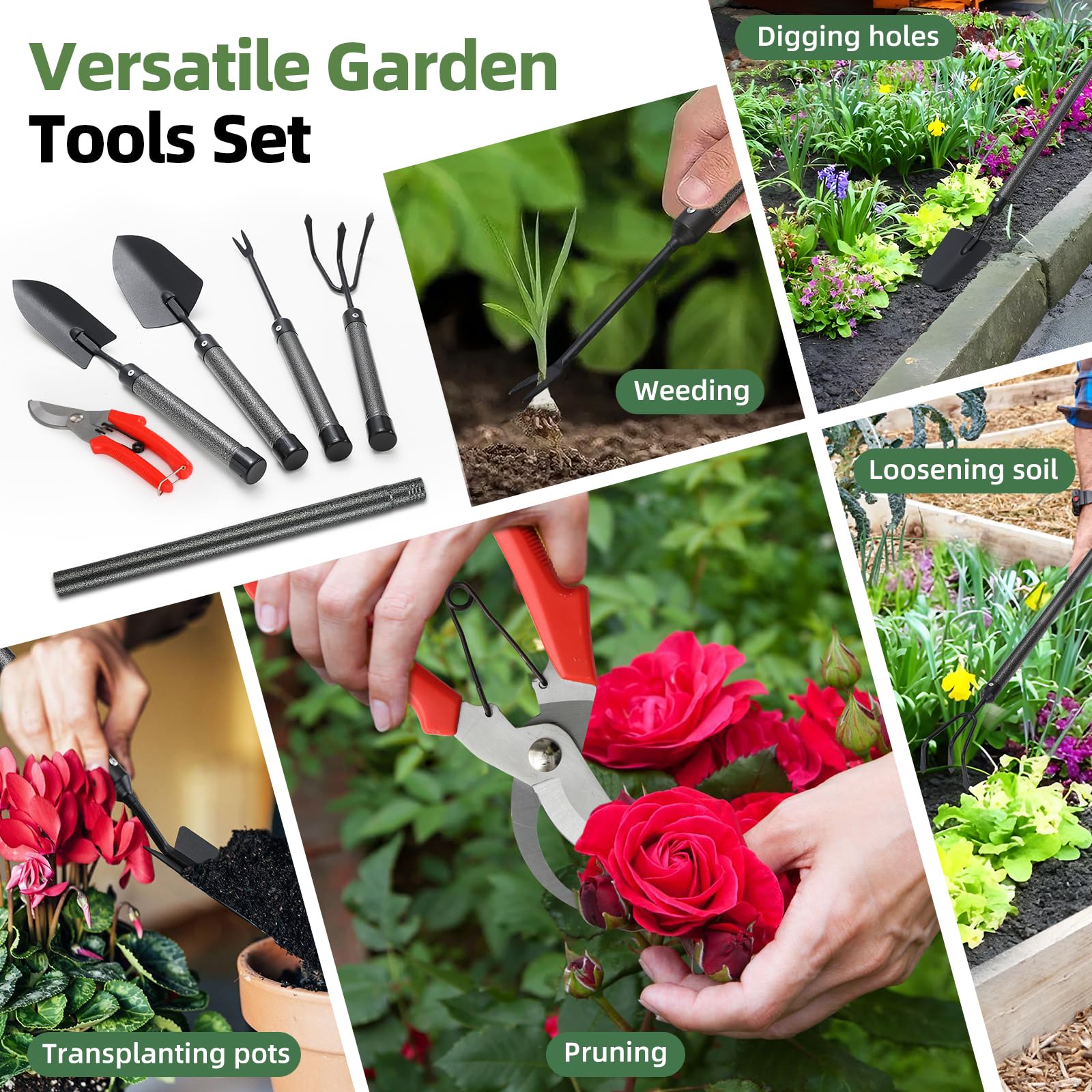 Garden Tools Set, 5Pcs Hand Garden Tools with Extensions, Rustproof Metal Gardening Tool Shovel Weeder Tiller Pruning Shear Gardening Supplies Gardening Gifts for Women Kids