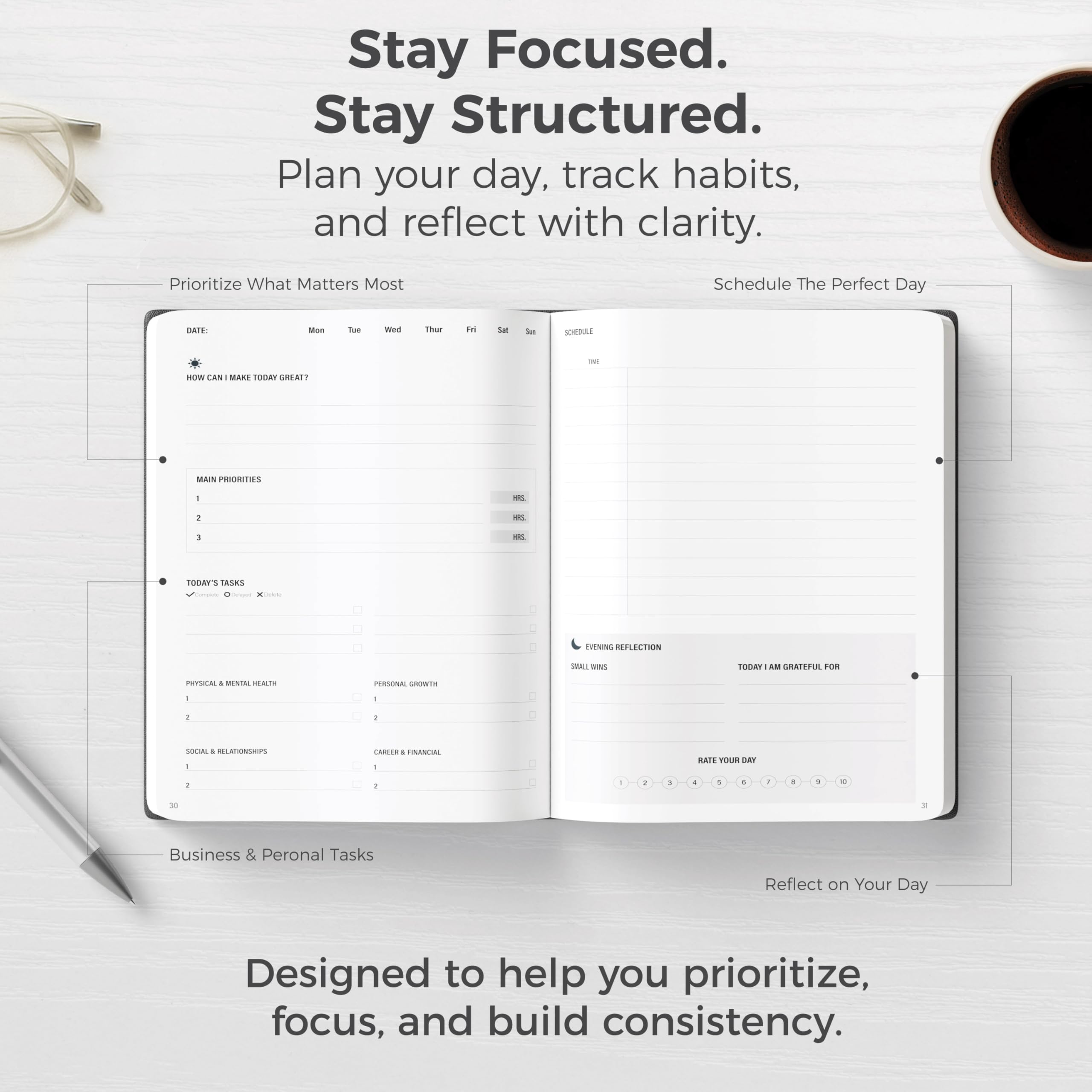 MindPanda | Thrive Productivity Planner for Daily, Weekly and Monthly Planning & Goal Setting - Premium Guided 90-Day System for Focus, Goal Setting, Gratitude & Happiness – ADHD-Friendly Design - A5