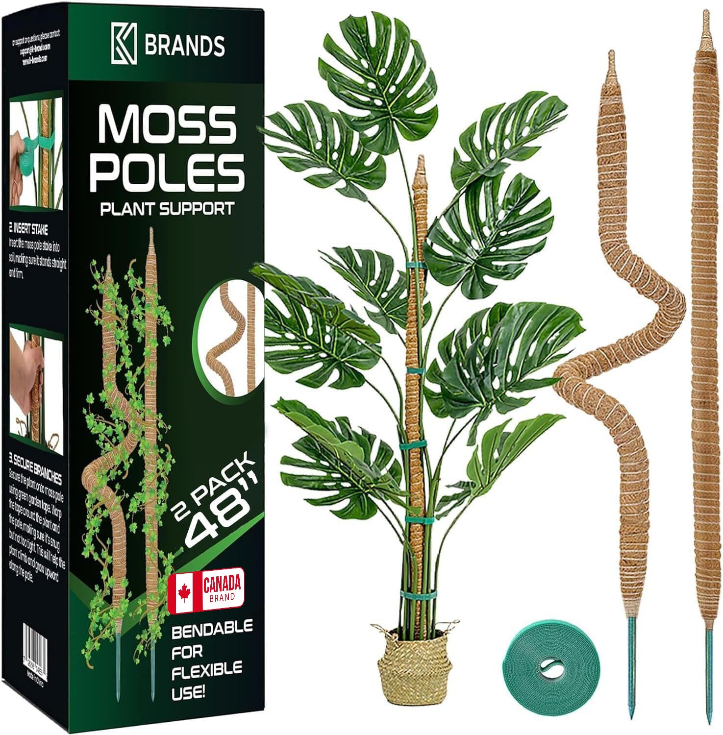 K-Brands 2 Pack 48 Inches Bendable Moss Pole Monstera Plant Support for Climbing Indoor Plants - Stakes for Potted Climbers - Tall Sticks Indoor Trellis for Houseplants - Accessories for Monstera Pot