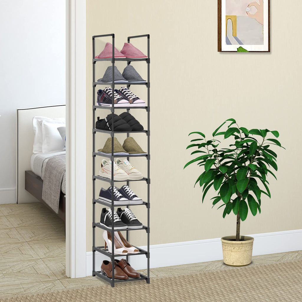 Pitmoly 10-Tier Shoe Rack, Shoe Storage Organizer, Small Narrow Shoe Shelf for Closet, Entryway, Metal Tall Shoe Stand for 10 Pairs of Shoes (Black)