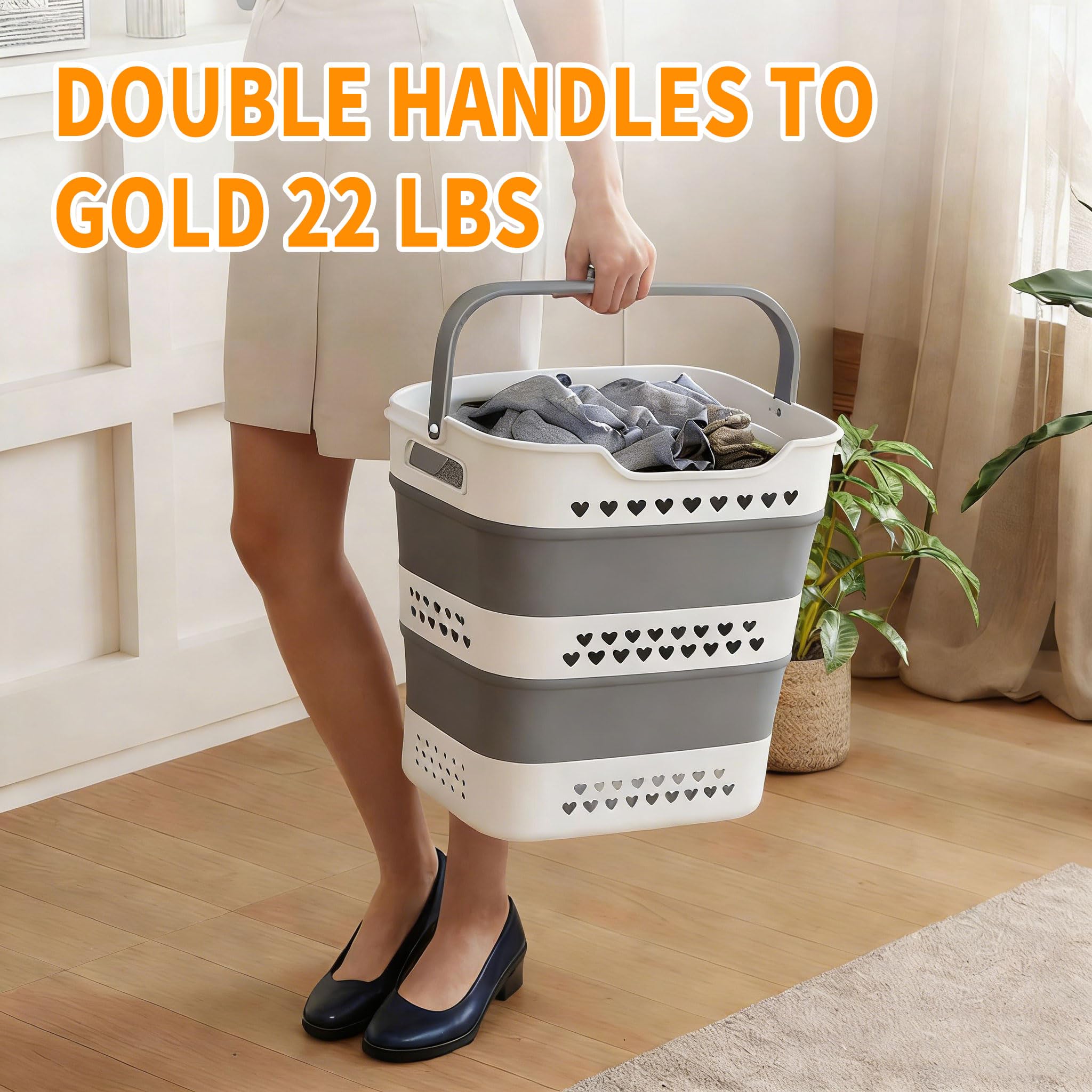 Collapsible Plastic Laundry Basket Hamper with Handles, Foldable Laundry Basket, Pop Up Storage Container Organizer for Washing Storage (1, Gery, 42L)