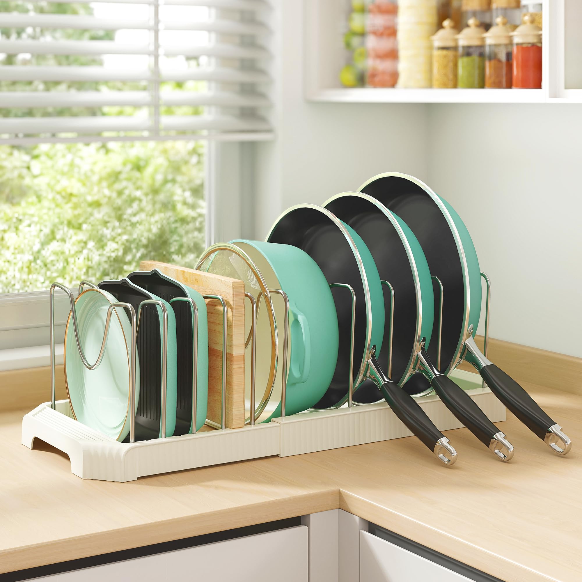 Pots and Pans Organizer for Under Cabinet, Expandable Pan Pot Organizers Inside Cabinet, Pot Rack for Kitchen Organizers and Storage Holder with Adjustable Compartment