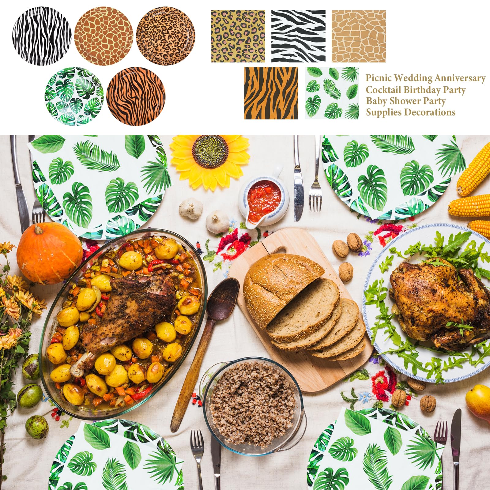 YYBD 100Pcs Jungle Safari Wild Animal Party Supplies Disposable Jungle Zoo Animal Print Paper Plates and Napkins Forest Animals Dessert Plates for Leopard Zebra Baby Shower Birthday Theme Decorations