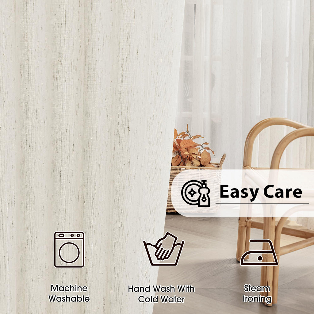 FMFUNCTEX Flax Linen Sheer Curtains for Living Room, Natural Curtains 84 Inches Long for Bedroom, Farmhouse Country Rustic Curtains Semi Sheer Drapes Rod Pocket Window Curtains 2 Panels Beige
