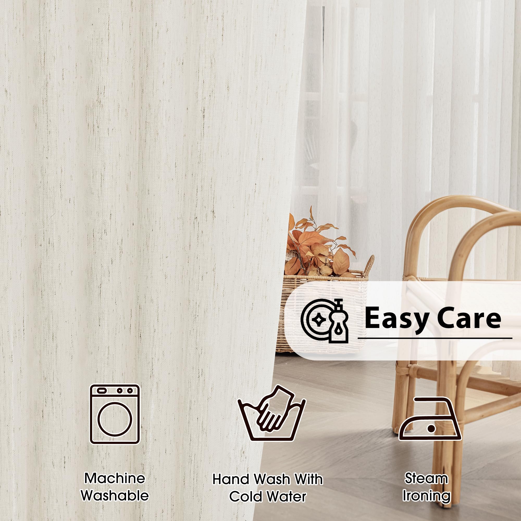 FMFUNCTEX Flax Linen Sheer Curtains for Living Room, Natural Curtains 84 Inches Long for Bedroom, Farmhouse Country Rustic Curtains Semi Sheer Drapes Rod Pocket Window Curtains 2 Panels Beige