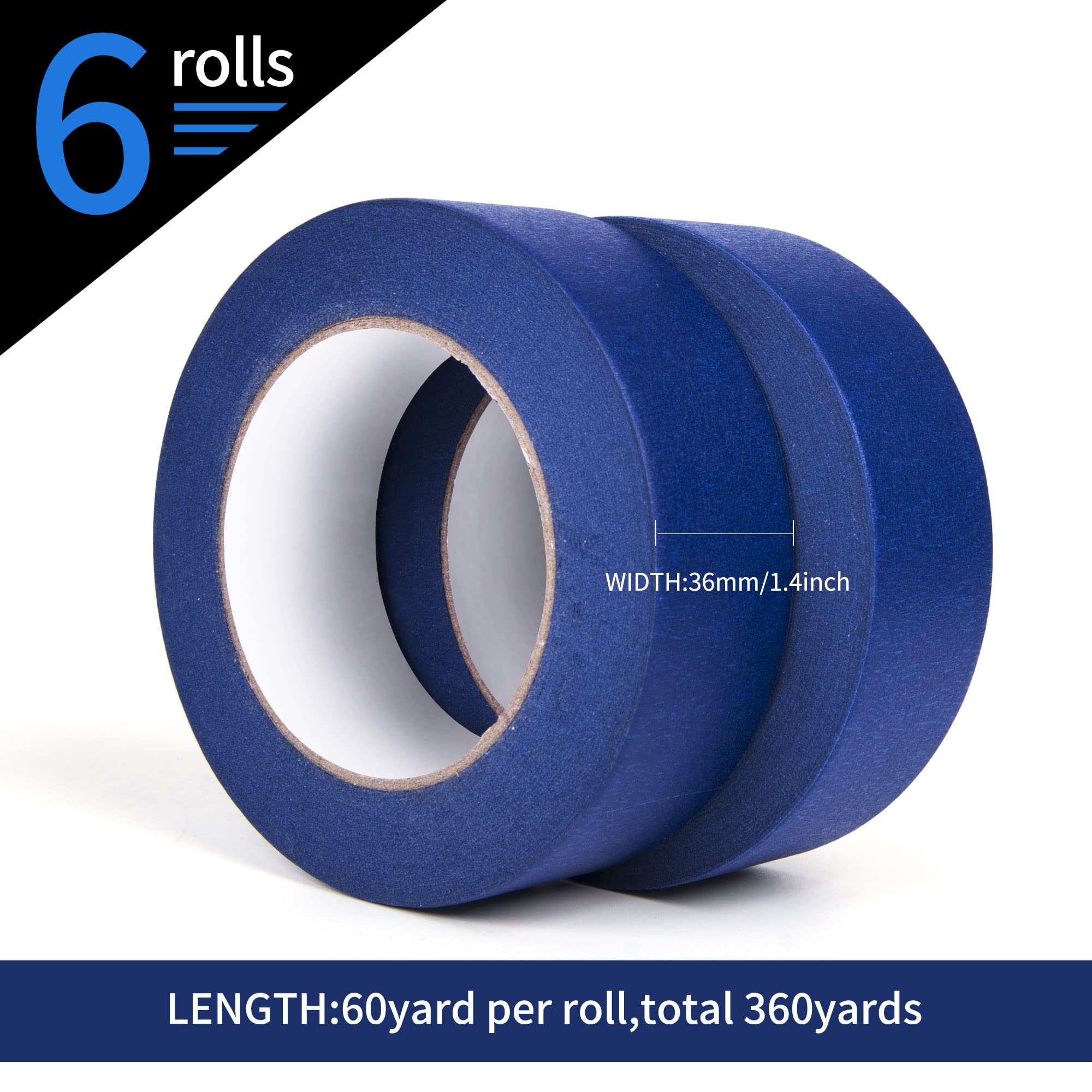 TAPEBEAR Blue Masking Tape, Painters Tape 36mm x 55m, UV Anti Residue Free Blue Tape, Wall Painting Masking Tape with Sharp Lines for Painting,Paint Tape, Outdoor 1.41 inch x 60 Yard, 6Rolls