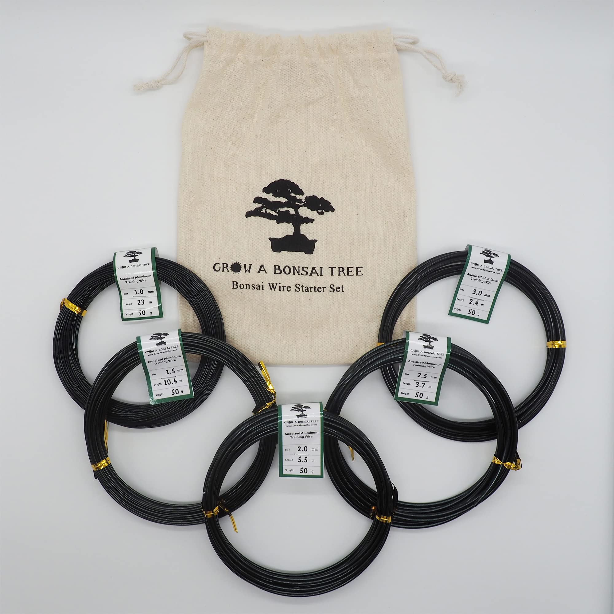 Anodized Aluminum Bonsai Training Wire 5-Size Starter Set with Canvas Bag - 1.0mm, 1.5mm, 2.0mm, 2.5mm, 3.0mm (147 feet Total) - Choose Your Color (5 Sizes, Black)