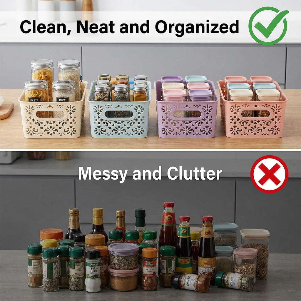 Frcctre 8 Pack Plastic Storage Baskets, Portable Small Pantry Organizer BasketS Bins with Handle, Stackable Household Organizers Nursery Basket for Home, Kitchen Cabinet Countertop Bedroom Bathroom