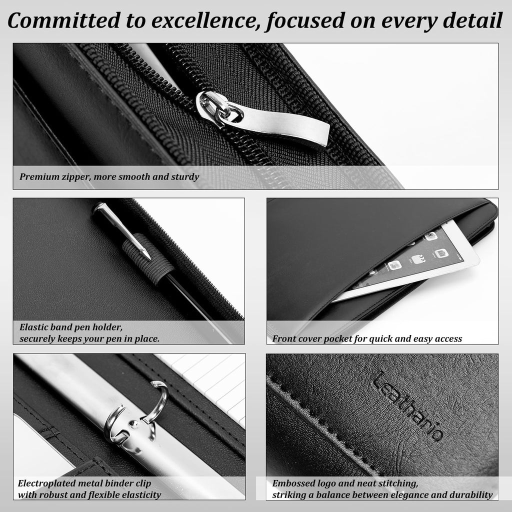 Leathario Portfolio, Vegan Leather 3-Ring Binder with Zipper, A4 Padfolio, Includes 10 Sheet Protectors and 3 Notepads, Multi-Pocket Document Holder for Tablets, Files, Notepads, Office Supplies