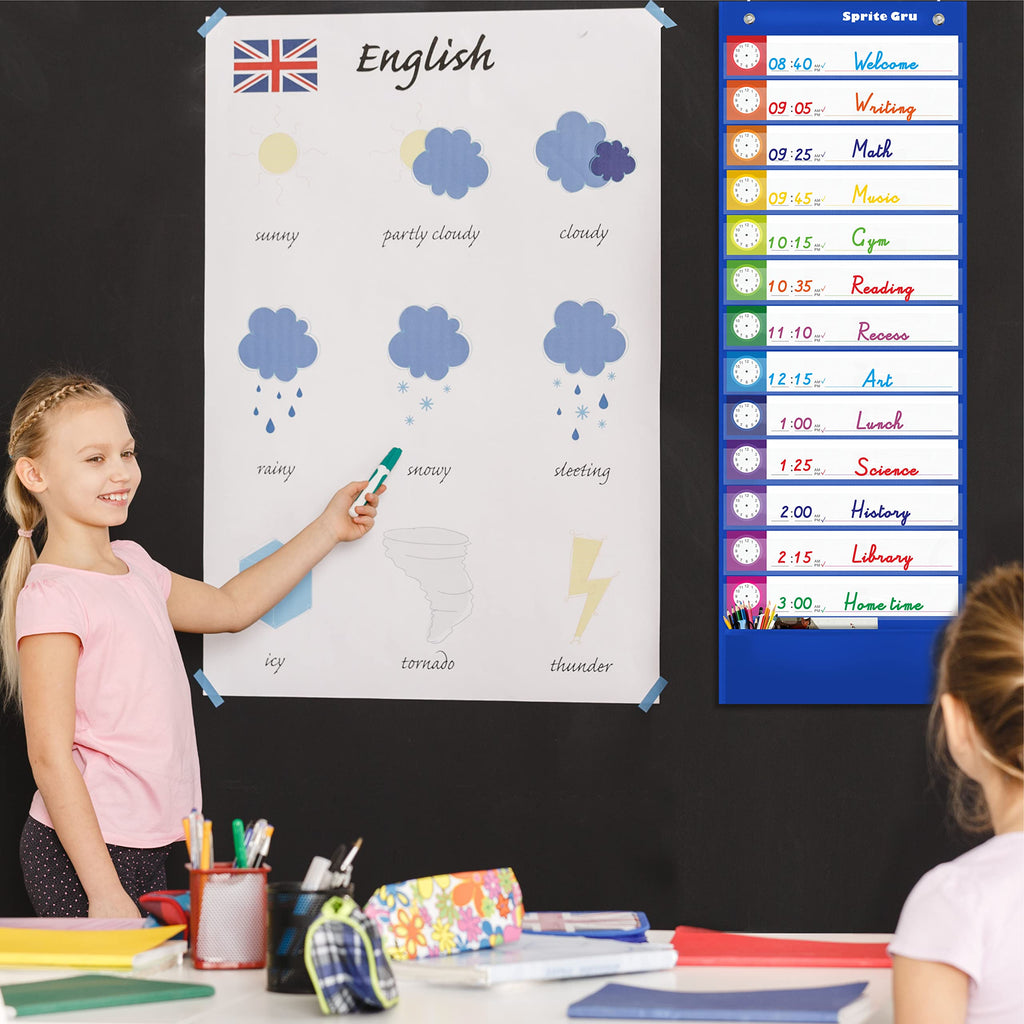 Daily Schedule Pocket Chart, Classroom Charts with 13+1 Pockets, 13 Double-Sided Reusable Colored Cards, 13 Blank Ones and 2 Over-Door Mounting Hangers Include (Blue, 13” x 36”)