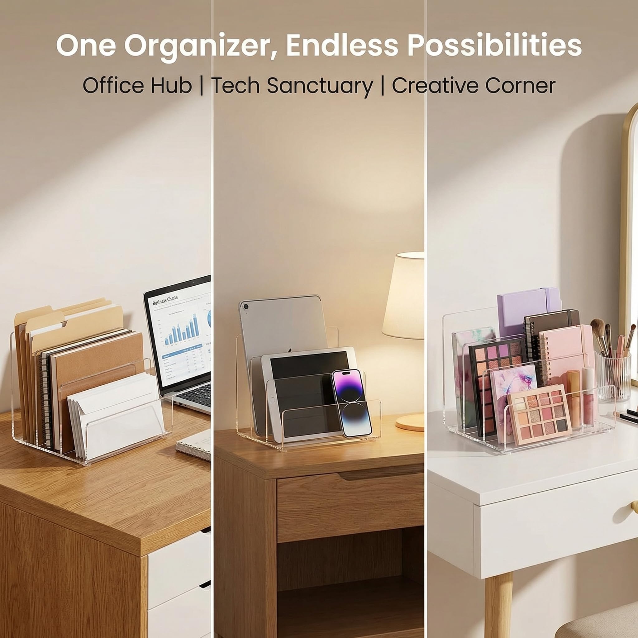 Jucoan Clear Acrylic File Holder, 3 Sections Vertical Desktop Organizer, 9 x 6.5 x 6.5 Inch Office File Sorter Stand Rack for Documents Letter Book