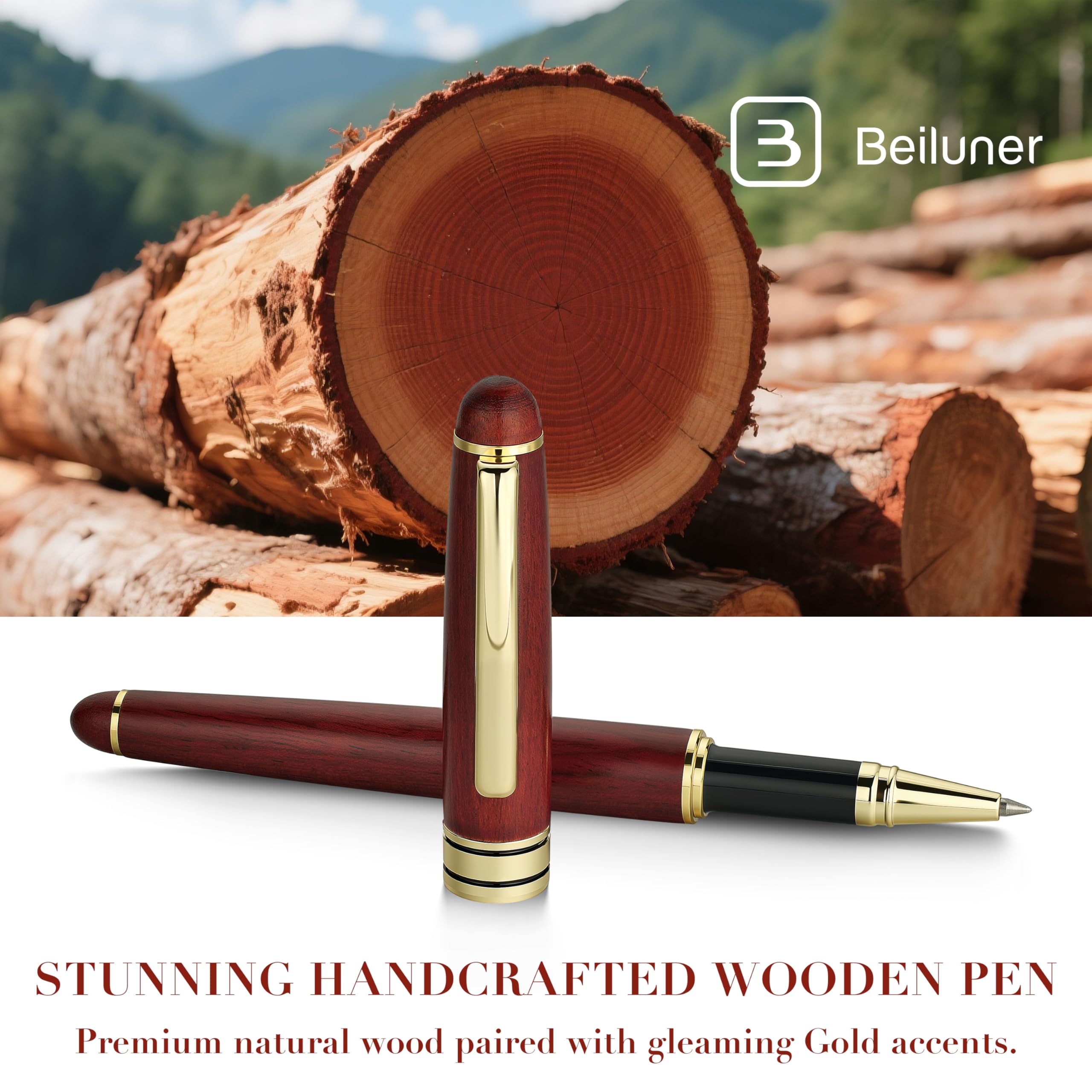 BEILUNER Luxury Rosewood Ballpoint Pen Writing Set - Elegant Fancy Nice Gift Pen Set for Signature Executive Business Office Supplies - Gift Boxed with Extra Refills (Black)