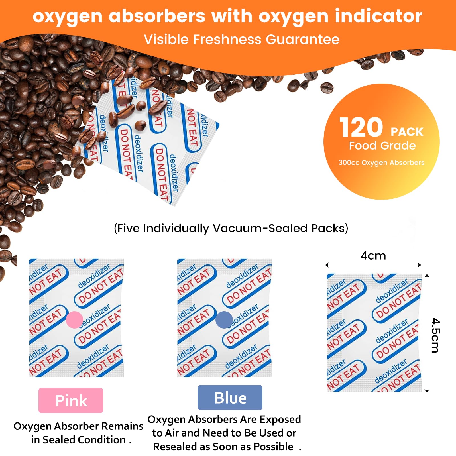 120 Packs 300cc Food Grade Oxygen Absorbers (5 Packs in Individual Vacuum Bag, 24x Packs of 5), Oxygen Absorbers for Long Term Food Storage with Oxygen Indicator, Applicable to Mason jars, etc.