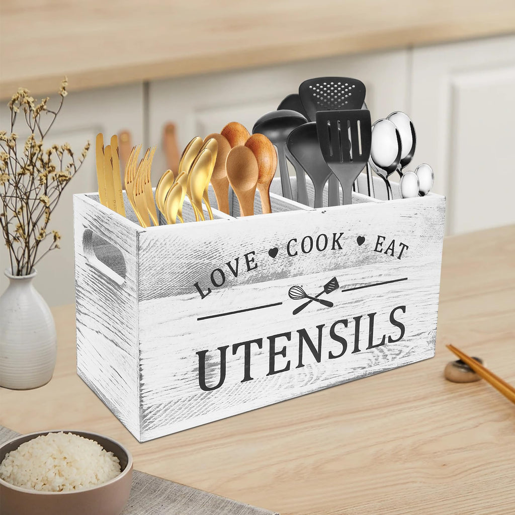 Wooden Kitchen Utensil Holder with 4 Compartments, Wooden Utensil Organizer with Drainage Bottom, Cooking Storage Utensils Caddy for Farmhouse Countertop Decor, 11.8 x 4.5 x 5.9 Inch (Burlywood)