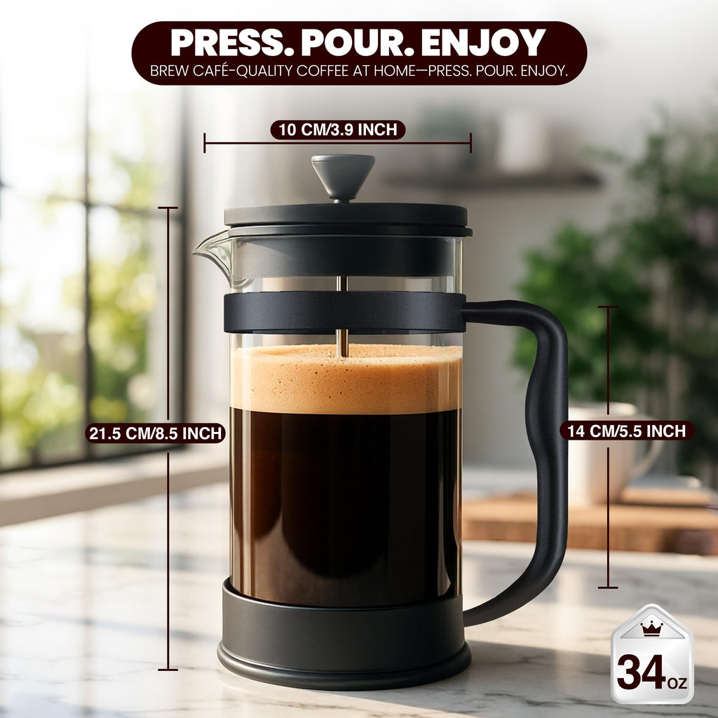 KICHLY - 34 Ounce French Press Espresso and Tea Maker with Triple Filters, Stainless Steel Plunger and Heat Resistant Borosilicate Glass, Black