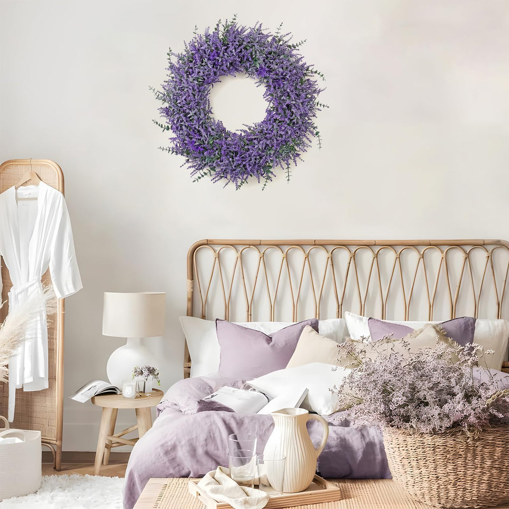 TOCHGREEN Lavender Wreath for Front Door 23Inch Artificial Spring Summer Purple Lavender Wreaths All Seasons Eucalyptus Wreaths for Indoor Outdoor Outside Wall Room Home Farmhouse Window Decor