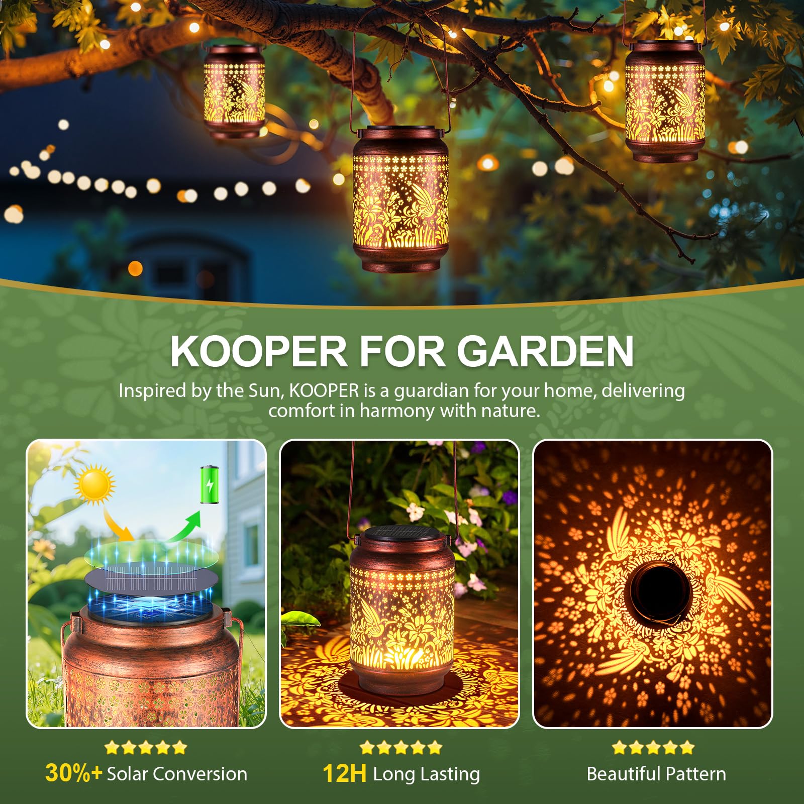 KOOPER Solar Lanterns Outdoor Waterproof Birthday Gifts for Women Mon Grandma, Brighter Hummingbird Hanging Solar Lantern Lights Outdoor, 2 Modes Metal Outdoor Decoration for Yard, Patio(1 Pack)