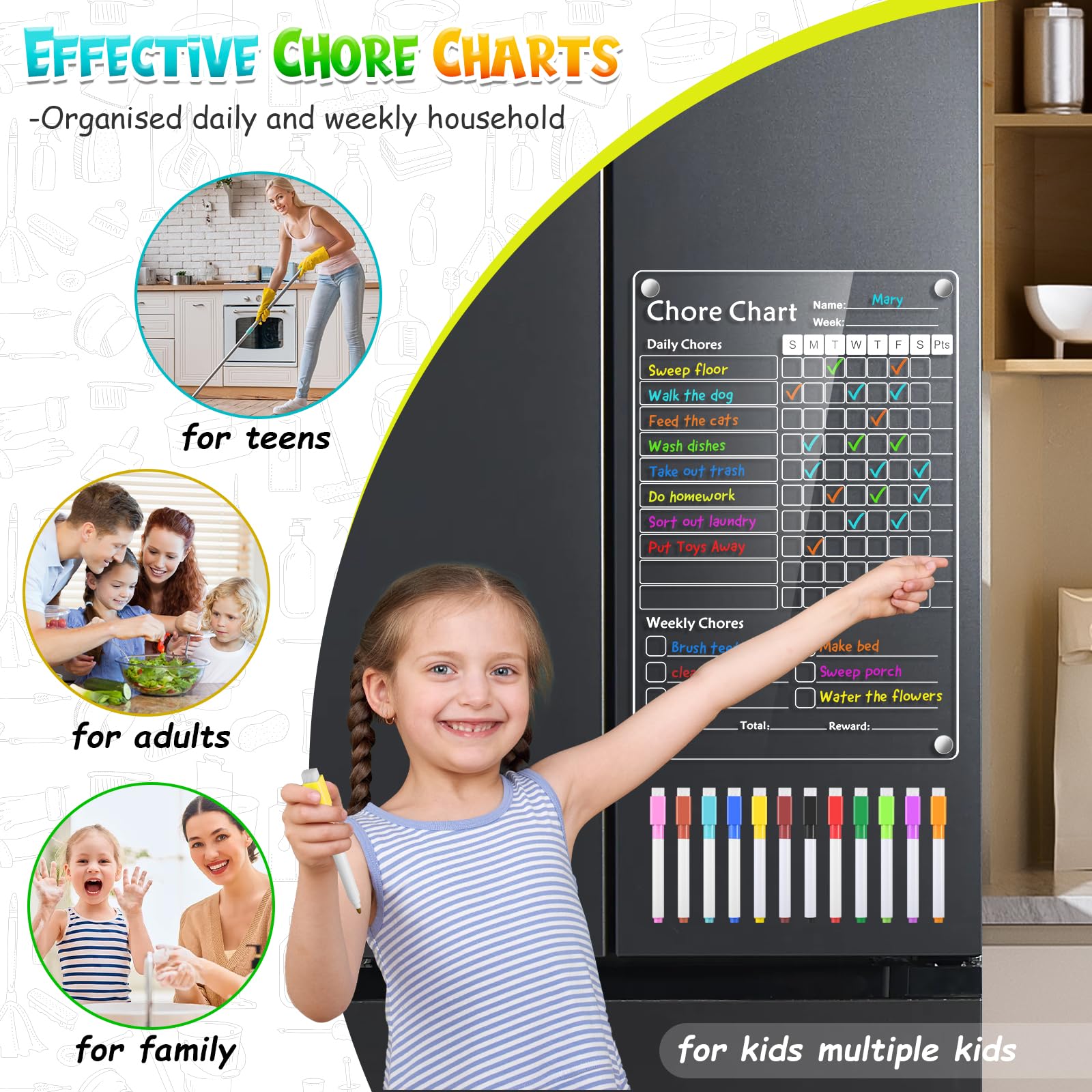 Acrylic Magnetic Chore Chart for Kids,Chores Chart for Fridge Refrigerator,Dry Erase Behavior Chore Chart for Multiple Kids,Reward Chart for Multiple Kids Teens Adults Family,8"x12" (White-2 Pack)