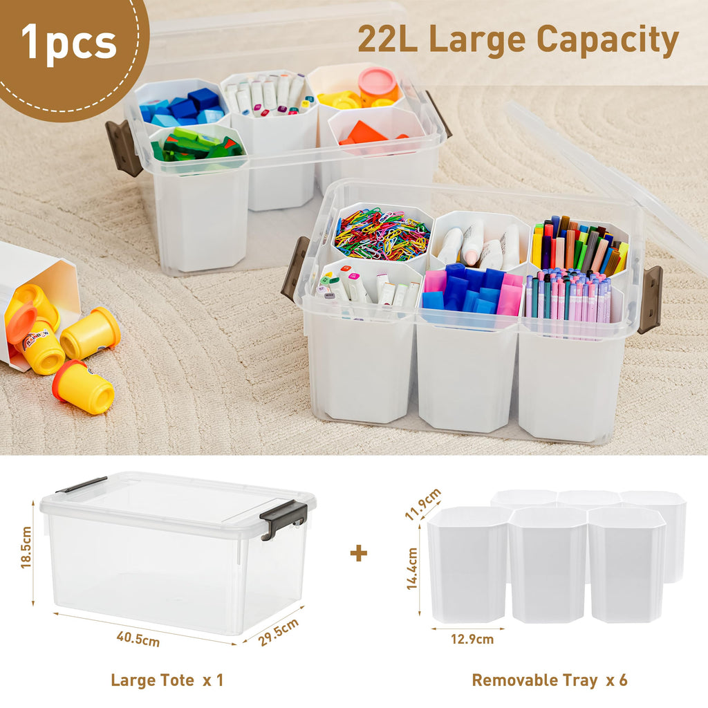 Citylife 17 QT Plastic Storage Bins with 6 Detachable Inserts Clear Storage Box with Lids Multipurpose Stackable Storage Containers for Organizing Crayon, Tool, Craft