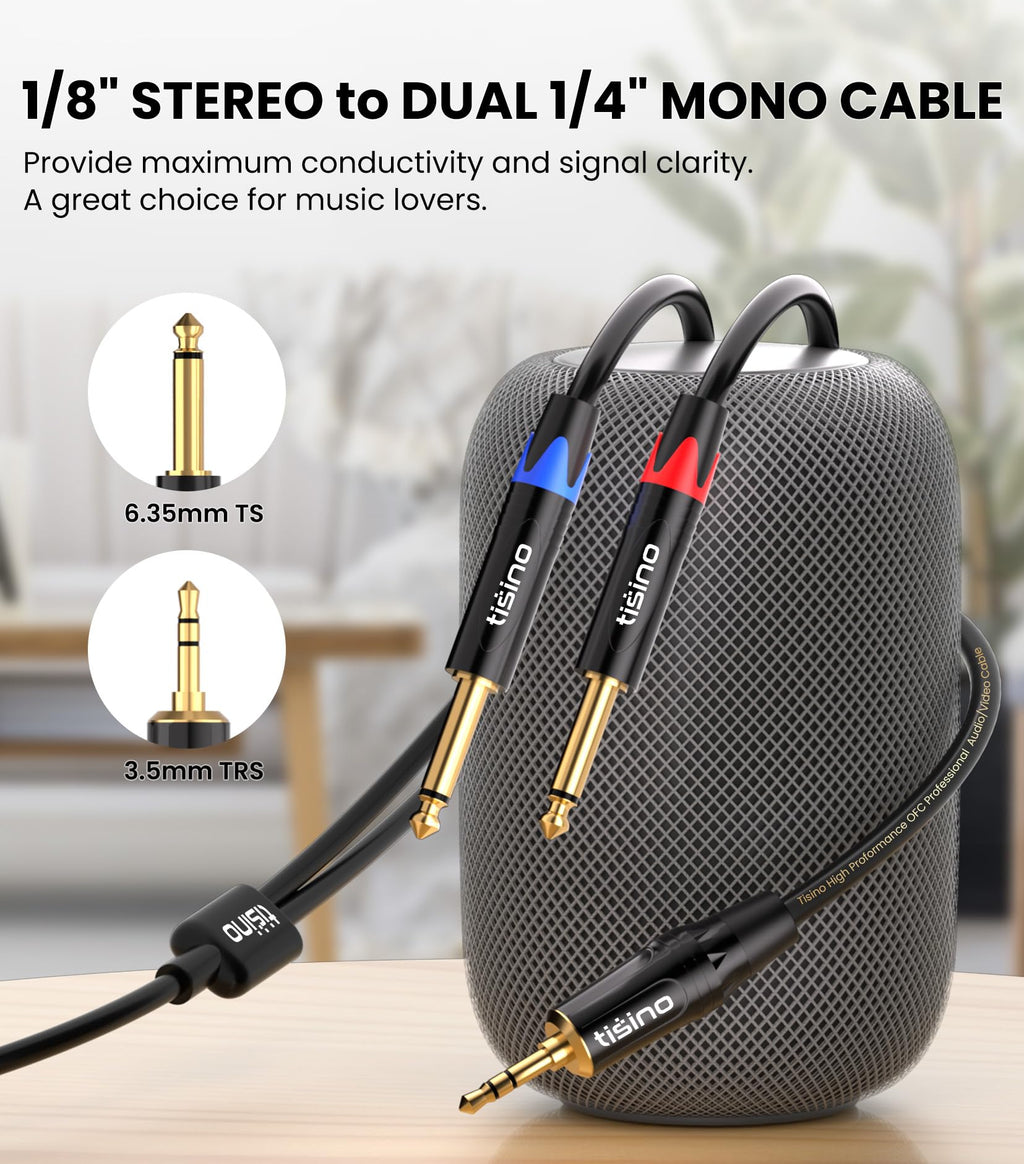 TISINO 1/8 to 1/4 Stereo Cable, 1/8 Inch TRS Stereo to Dual 1/4 inch TS Mono Y-Splitter Cable 3.5mm Aux Mini Jack to Jack Breakout Cord for Smartphone, CD Player, Speakers, Amplifiers - 3.3feet