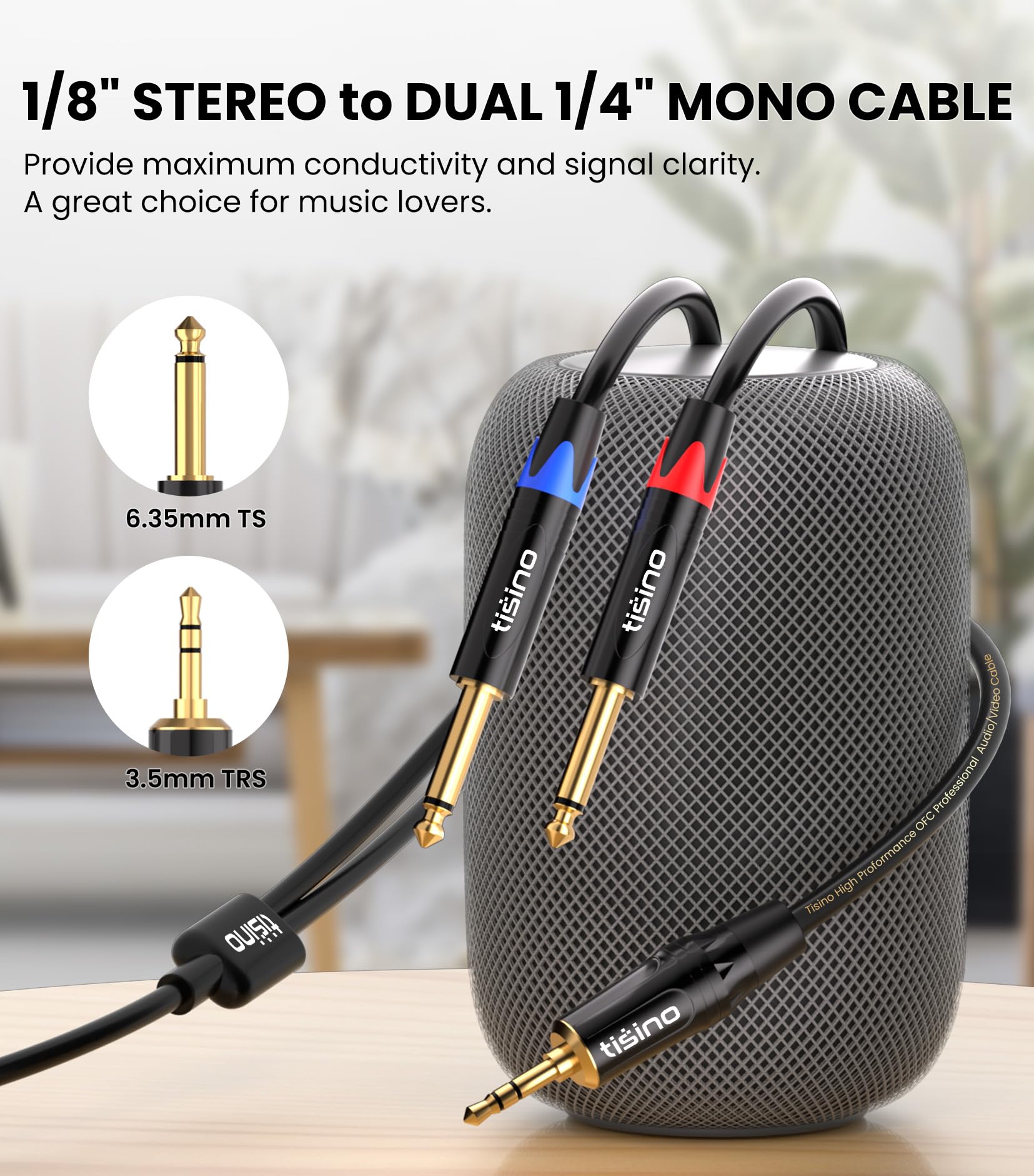 TISINO 1/8 to 1/4 Stereo Cable, 1/8 Inch TRS Stereo to Dual 1/4 inch TS Mono Y-Splitter Cable 3.5mm Aux Mini Jack to Jack Breakout Cord for Smartphone, CD Player, Speakers, Amplifiers - 3.3feet